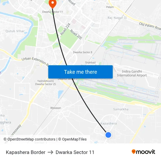 Kapashera Border to Dwarka Sector 11 map