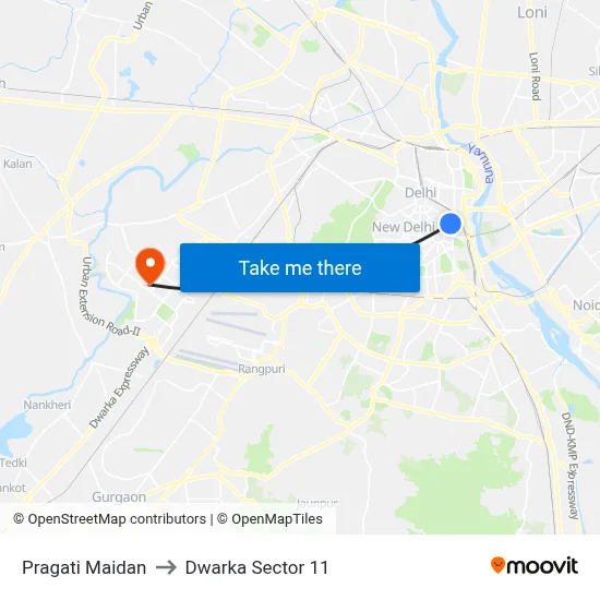 Pragati Maidan to Dwarka Sector 11 map