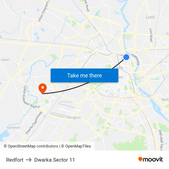 Redfort to Dwarka Sector 11 map