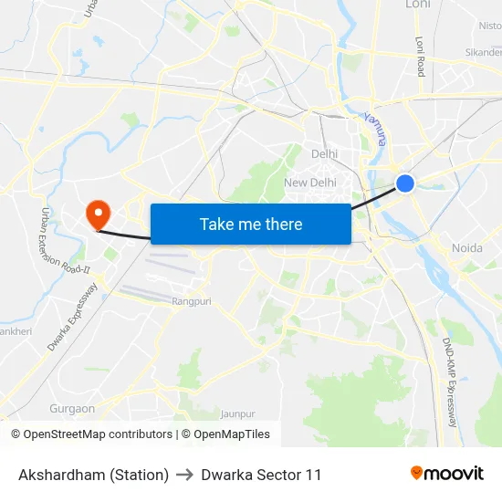 Akshardham (Station) to Dwarka Sector 11 map