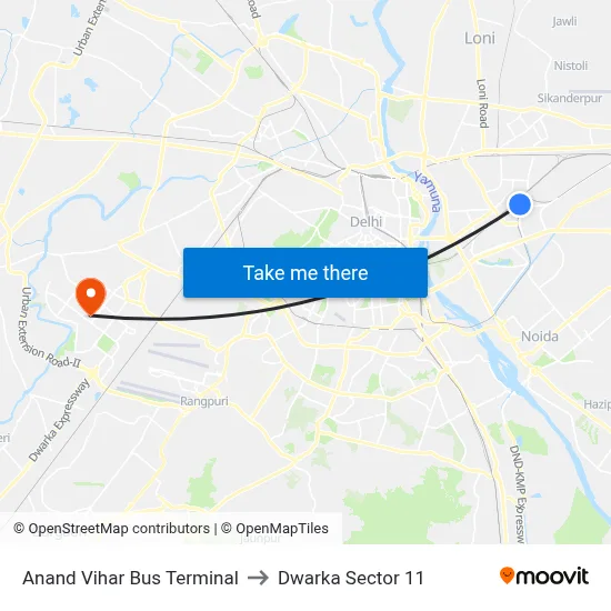 Anand Vihar Bus Terminal to Dwarka Sector 11 map