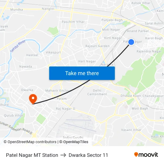 Patel Nagar MT Station to Dwarka Sector 11 map