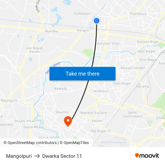 Mangolpuri to Dwarka Sector 11 map