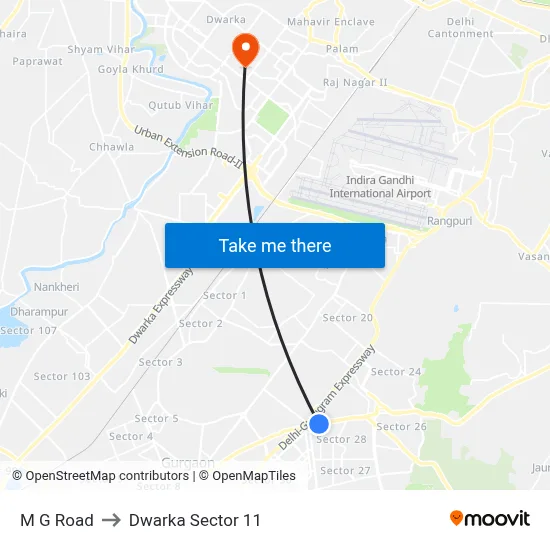 M G Road to Dwarka Sector 11 map