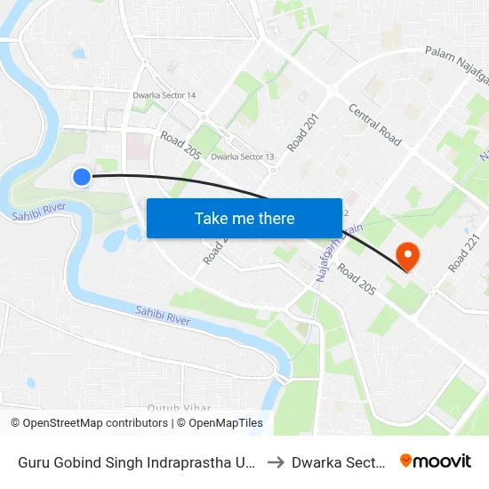 Guru Gobind Singh Indraprastha University to Dwarka Sector 11 map