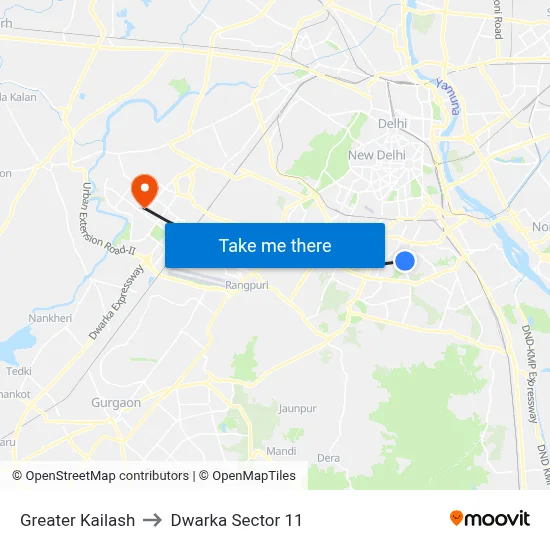 Greater Kailash to Dwarka Sector 11 map