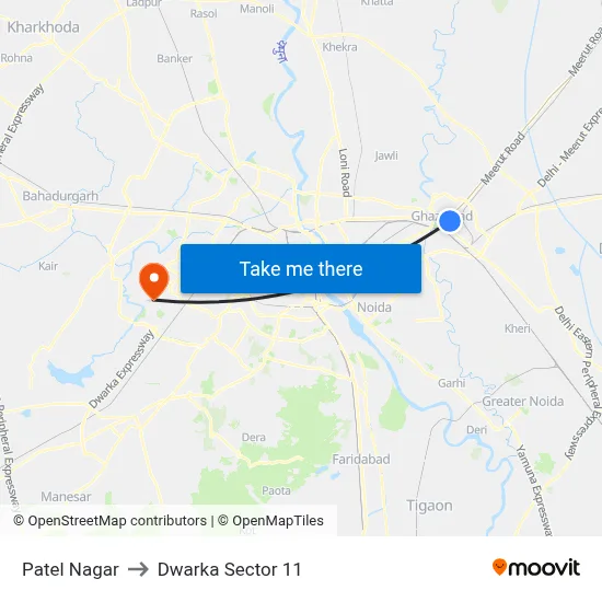 Patel Nagar to Dwarka Sector 11 map