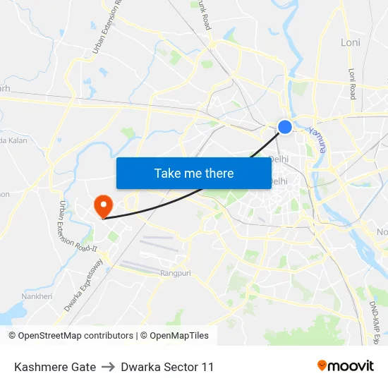 Kashmere Gate to Dwarka Sector 11 map