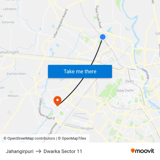 Jahangirpuri to Dwarka Sector 11 map