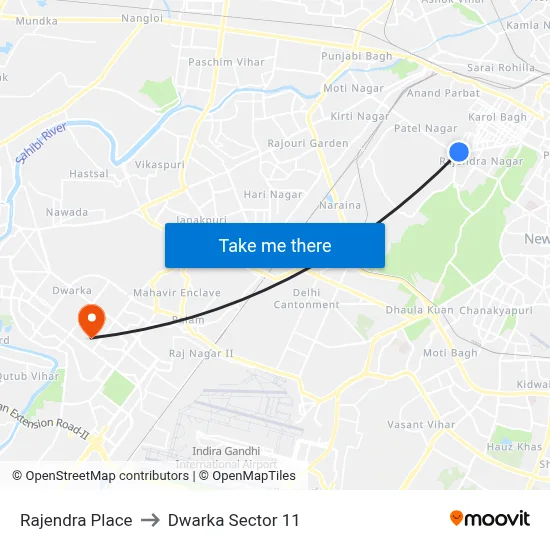 Rajendra Place to Dwarka Sector 11 map