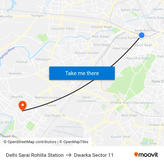 Delhi Sarai Rohilla Station to Dwarka Sector 11 map