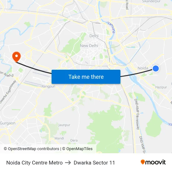 Noida City Centre Metro to Dwarka Sector 11 map