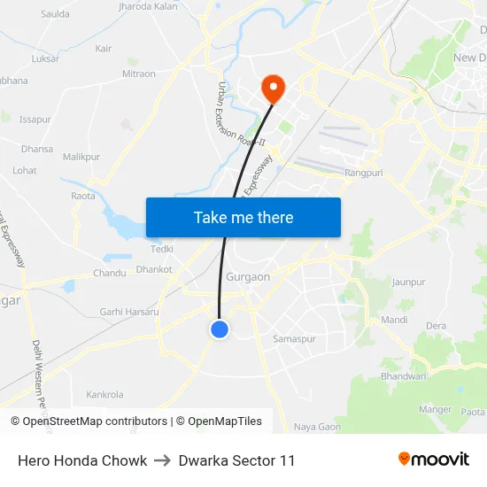 Hero Honda Chowk to Dwarka Sector 11 map