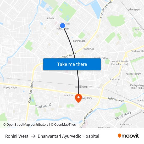 Rohini West to Dhanvantari Ayurvedic Hospital map