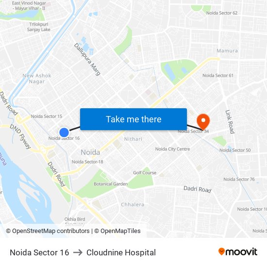 Noida Sector 16 to Cloudnine Hospital map