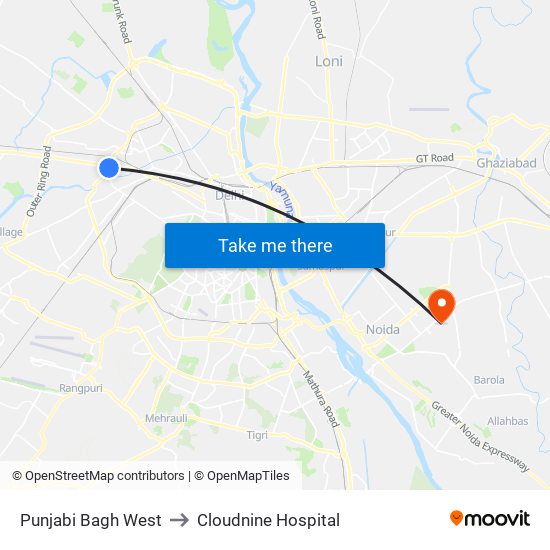 Punjabi Bagh West to Cloudnine Hospital map