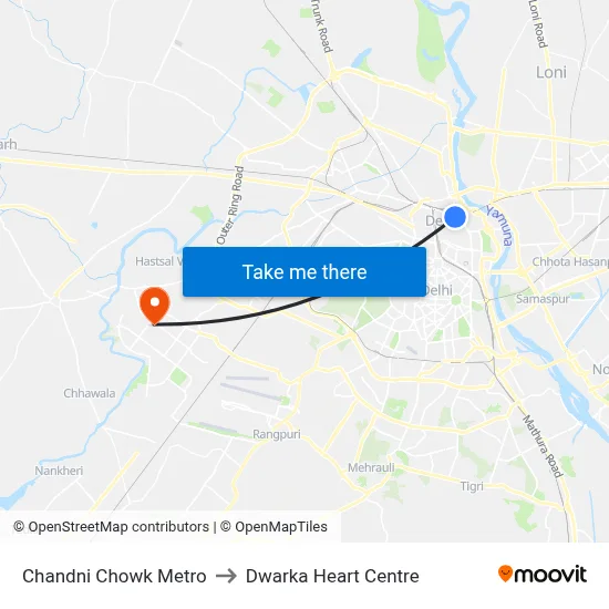 Chandni Chowk Metro to Dwarka Heart Centre map