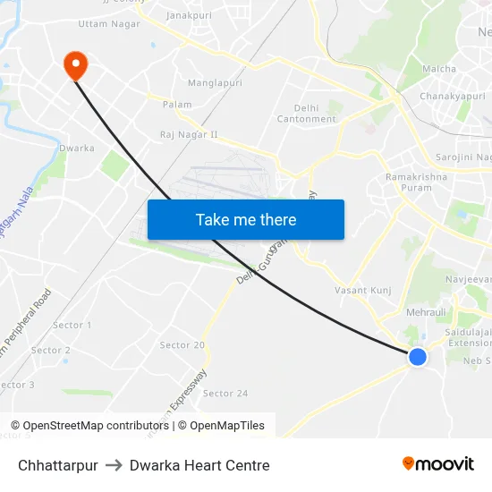 Chhattarpur to Dwarka Heart Centre map
