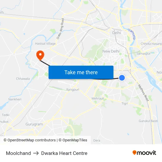 Moolchand to Dwarka Heart Centre map