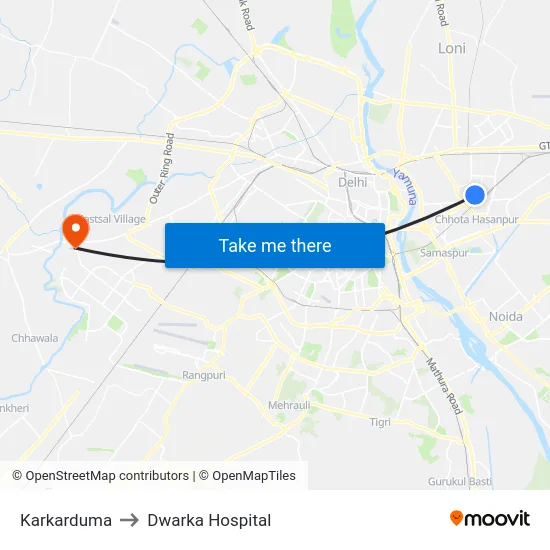 Karkarduma to Dwarka Hospital map