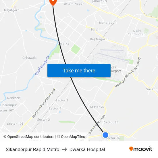 Sikanderpur Rapid Metro to Dwarka Hospital map