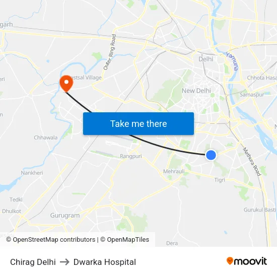 Chirag Delhi to Dwarka Hospital map