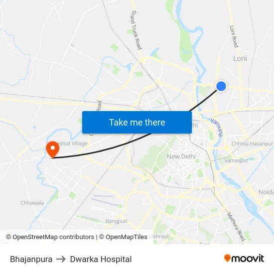 Bhajanpura to Dwarka Hospital map