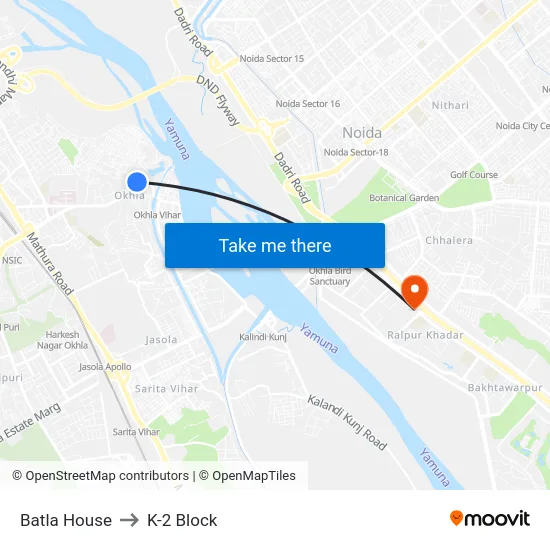 Batla House to K-2 Block map