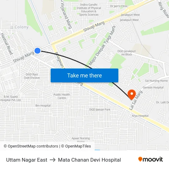 Uttam Nagar East to Mata Chanan Devi Hospital map
