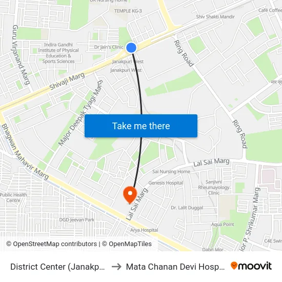 District Center (Janakpuri) to Mata Chanan Devi Hospital map