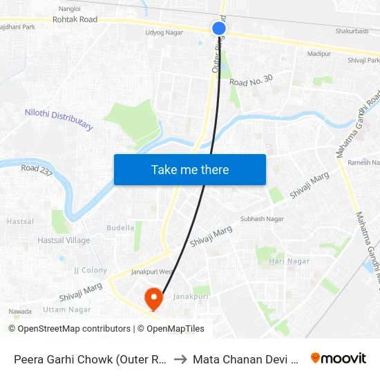Peera Garhi Chowk (Outer Ring Road) to Mata Chanan Devi Hospital map