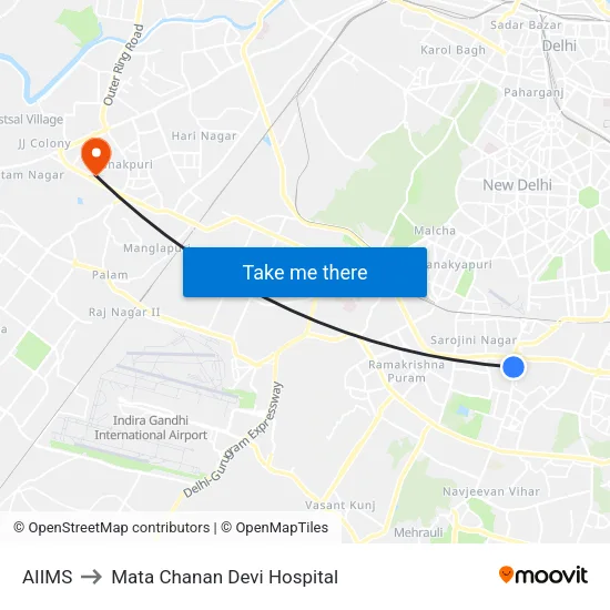 AIIMS to Mata Chanan Devi Hospital map