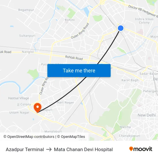 Azadpur Terminal to Mata Chanan Devi Hospital map