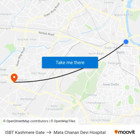 ISBT Kashmere Gate to Mata Chanan Devi Hospital map