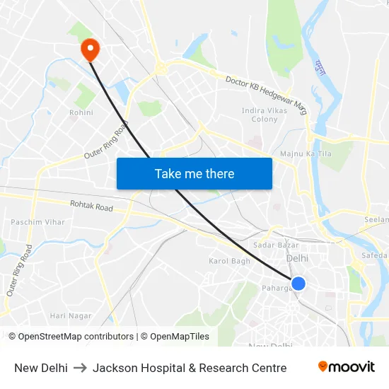 New Delhi to Jackson Hospital & Research Centre map