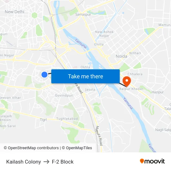 Kailash Colony to F-2 Block map
