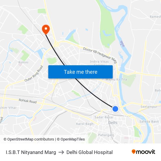 I.S.B.T.Nityanand Marg to Delhi Global Hospital map