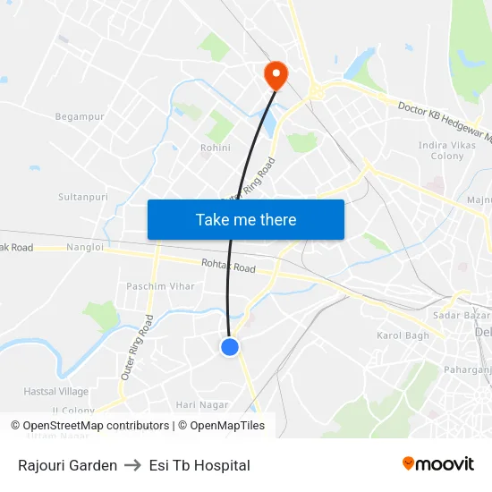 Rajouri Garden to Esi Tb Hospital map