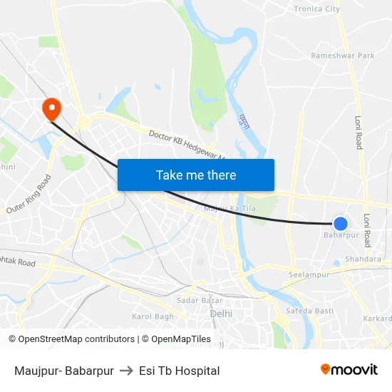 Maujpur- Babarpur to Esi Tb Hospital map
