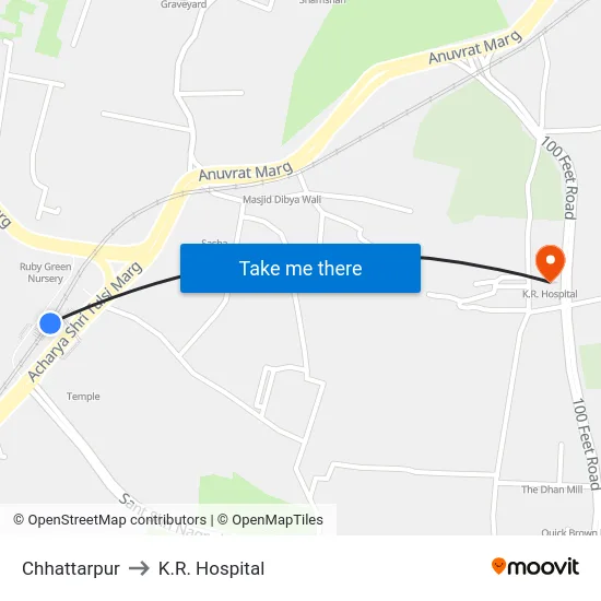 Chhattarpur to K.R. Hospital map