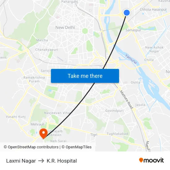 Laxmi Nagar to K.R. Hospital map