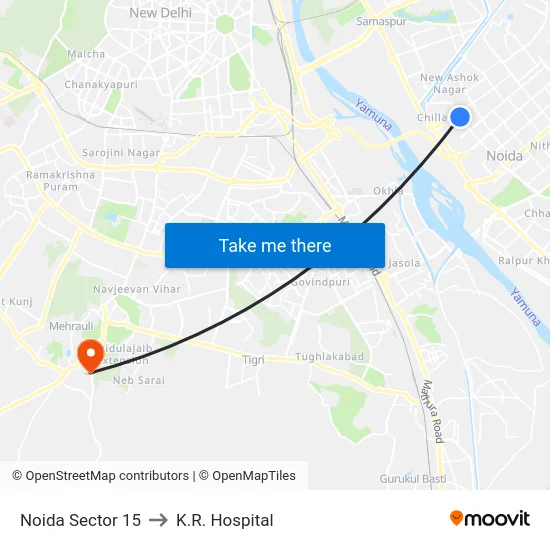Noida Sector 15 to K.R. Hospital map