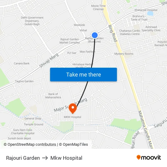 Rajouri Garden to Mkw Hospital map