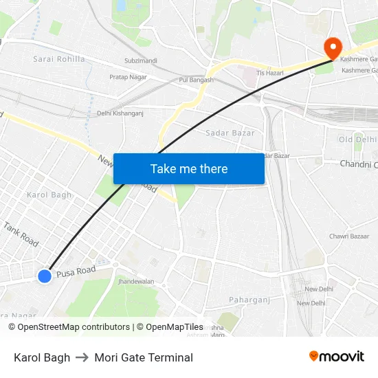Karol Bagh to Mori Gate Terminal map