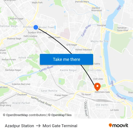 Azadpur Station to Mori Gate Terminal map