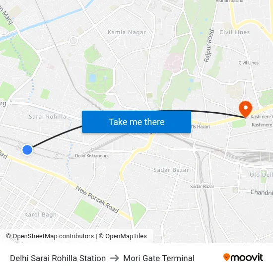 Delhi Sarai Rohilla Station to Mori Gate Terminal map