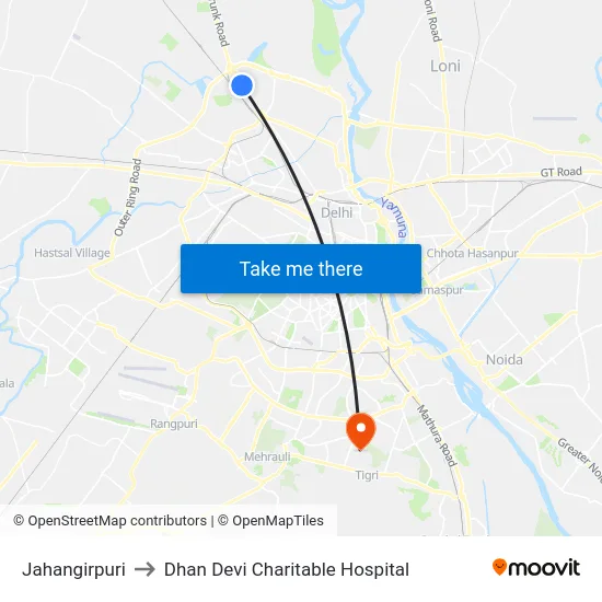 Jahangirpuri to Dhan Devi Charitable Hospital map