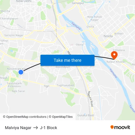 Malviya Nagar to J-1 Block map