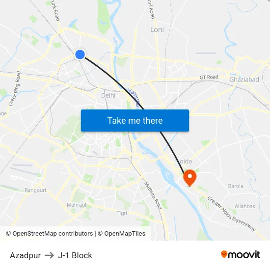 Azadpur to J-1 Block map