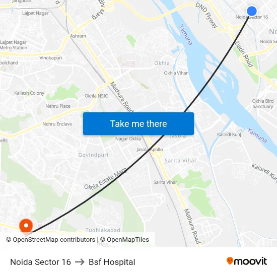 Noida Sector 16 to Bsf Hospital map